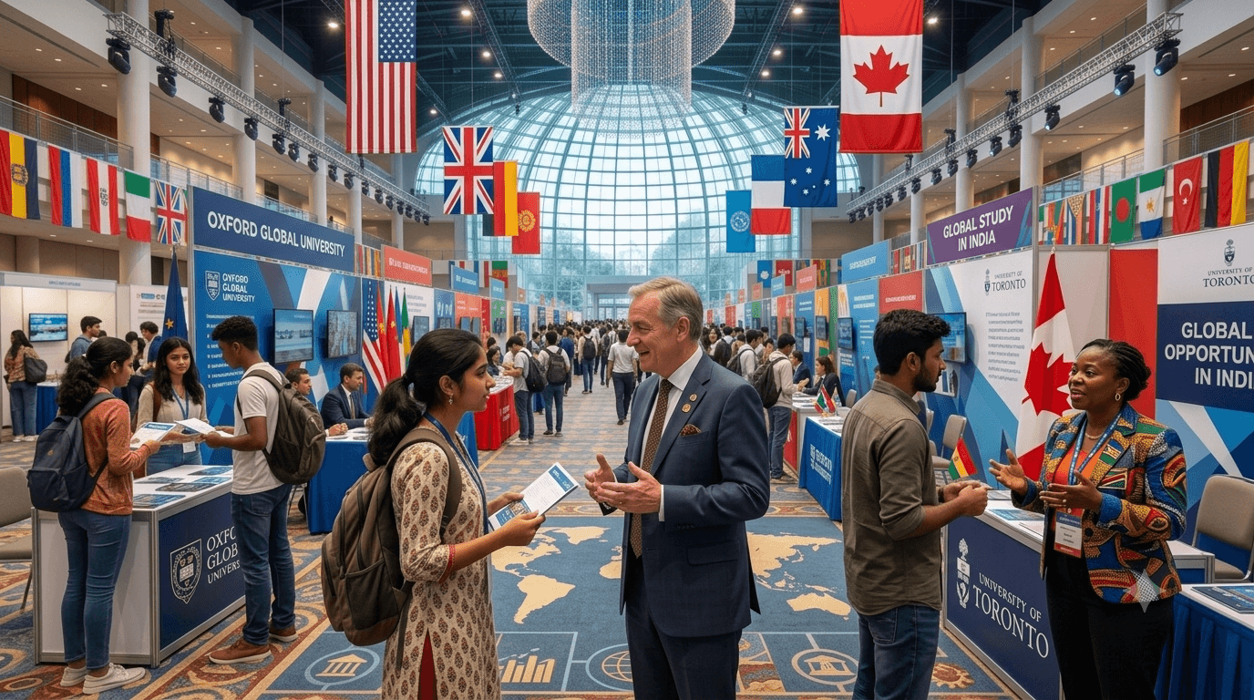Education fair floor with international university booths and flags