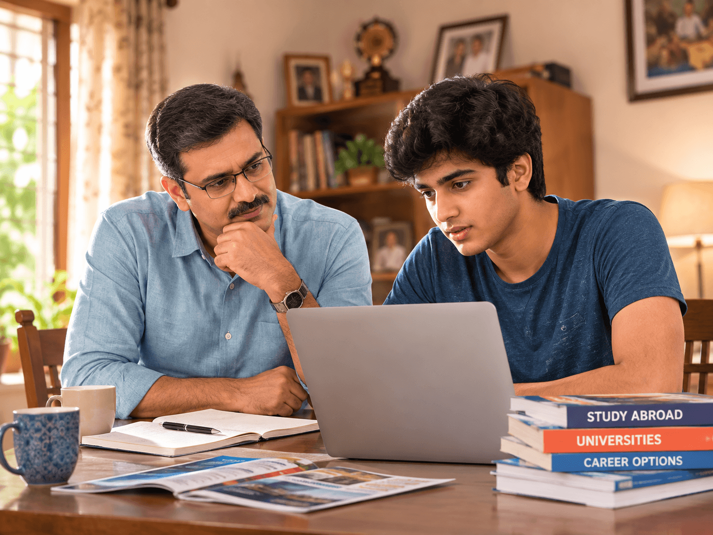 Father and son reviewing study abroad options together