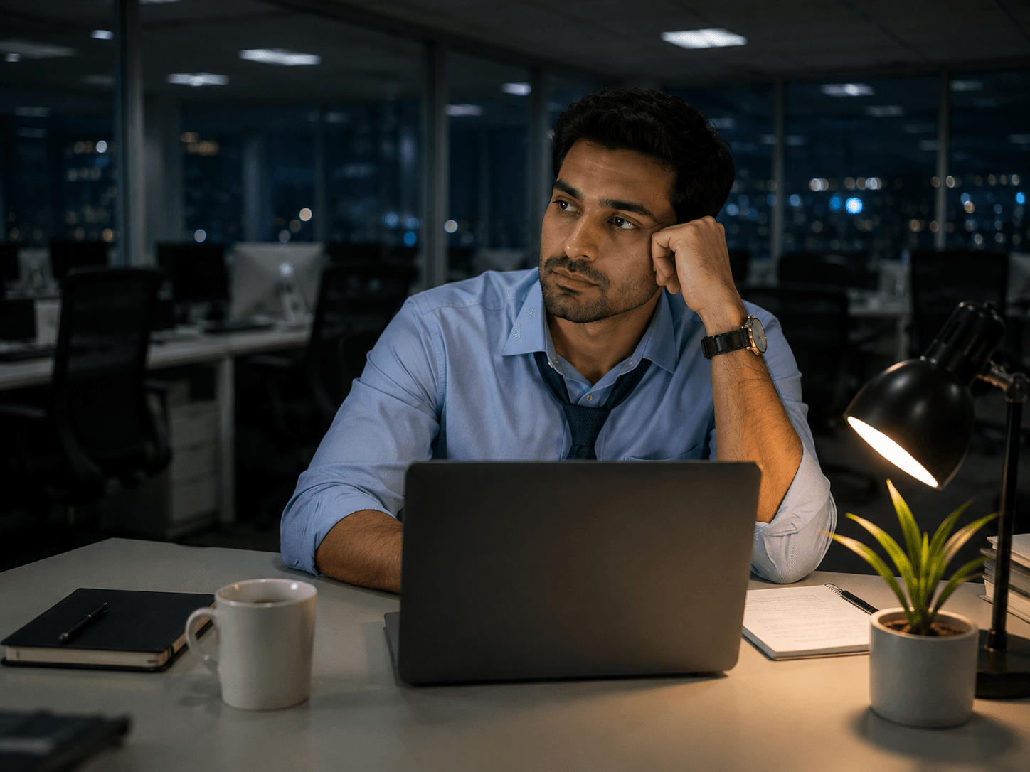 Working professional looking exhausted and stressed at his office desk at night