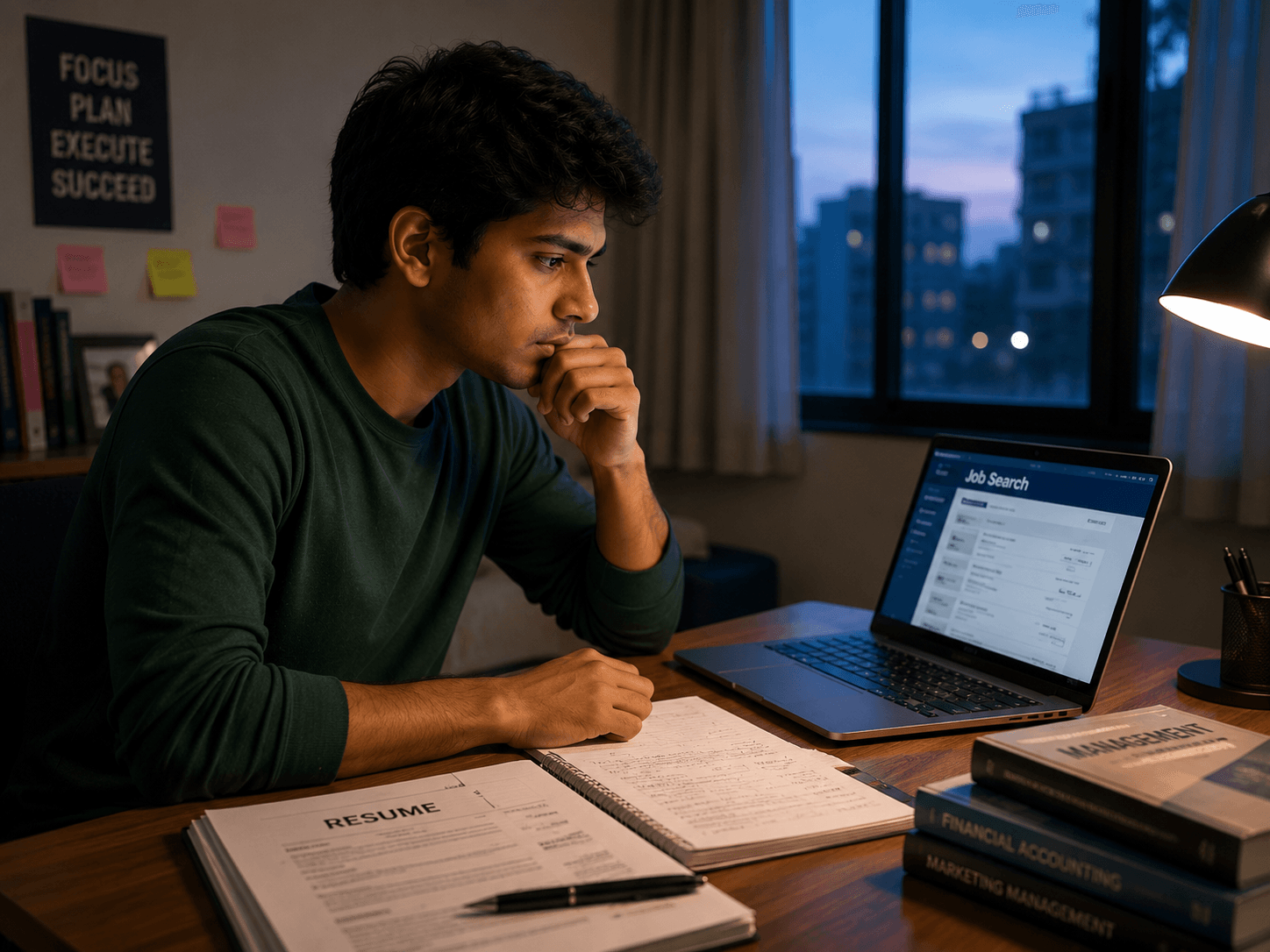 Final-year student looking worried while job searching at his desk